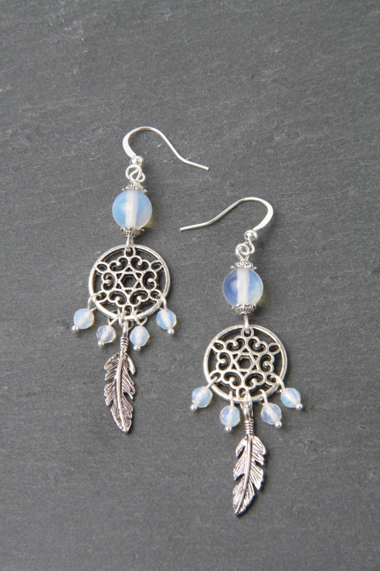 Dreamcatcher Earrings, Moonstone Earrings, Feather Earrings, Silver And Moonstone Jewelry, Made In Canada, Gypsy, Boho, Gift For Her, Opal