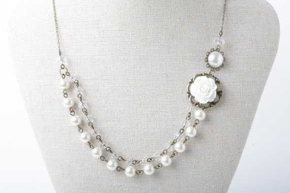 Bridal Necklace, Multi Strand Wedding Necklace, Bride Jewelry, Ivory Wedding Jewelry, Rose Necklace, Pearl And Crystal Necklace