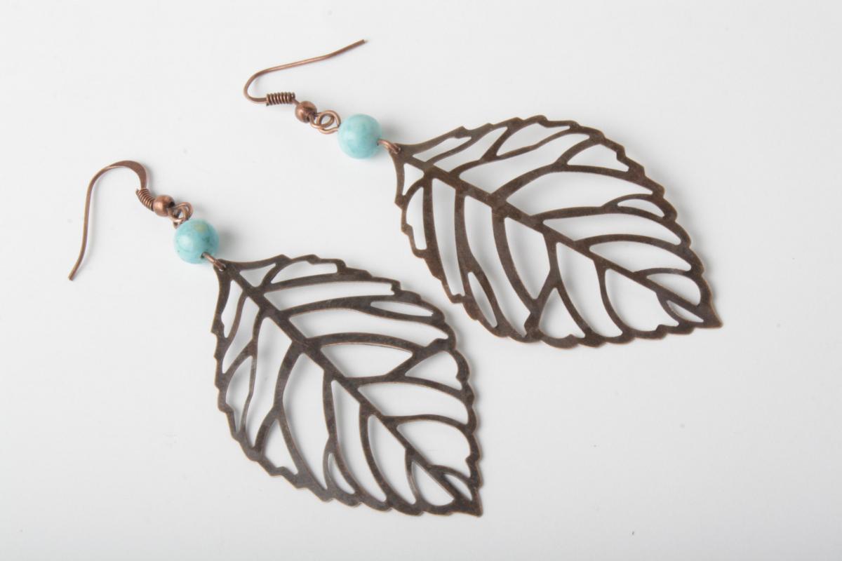 Copper Leaf Earrings - Blue Fossil Stone And Copper Earrings - Leaf Dangles - Handmade Earrings