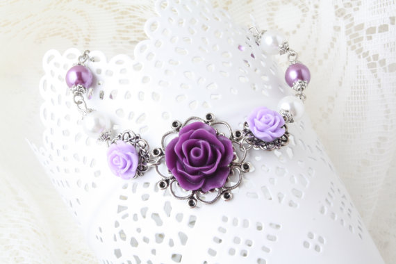 Vintage Style Purple And White Flower Bracelet - Shabby Chic Bracelet - Purple And White Bracelet - Vintage Bracelet - Pearl And Flower -