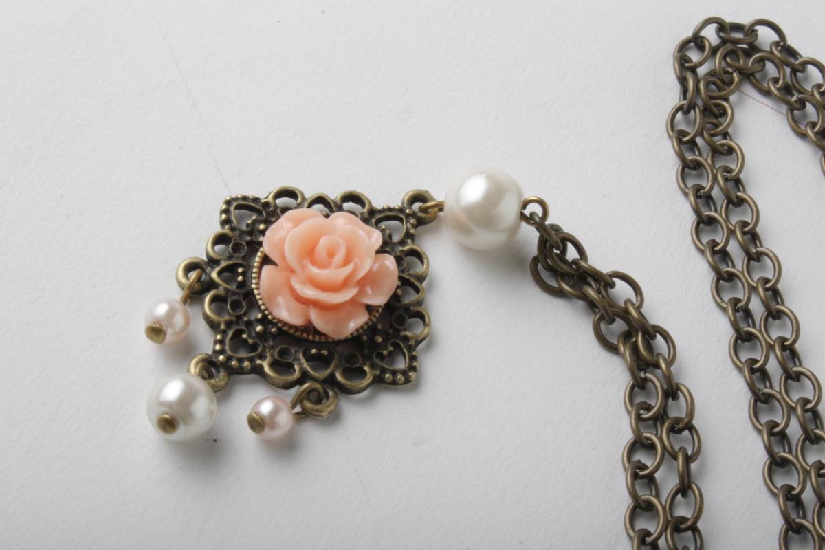 Peach Flower Cabochon And Brass Necklace - Shabby Chic - Long Necklace - Peach Rose Bud Necklace -brass And Pearl - Vintage Style Jewelry-